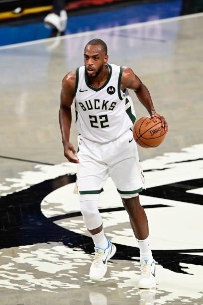 Khris Middleton of the Milwaukee Bucks handles the ball against the Brooklyn Nets in Game Two of the Second Round of the 2021 NBA Playoffs at...