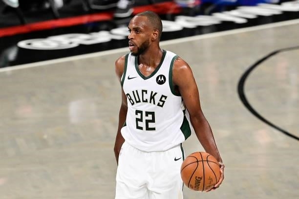 Khris Middleton of the Milwaukee Bucks handles the ball against the Brooklyn Nets in Game Two of the Second Round of the 2021 NBA Playoffs at...