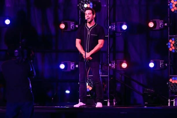 Skylar Astin performs the national anthem prior to Game Two of the Second Round of the 2021 NBA Playoffs between the Brooklyn Nets and the Milwaukee...