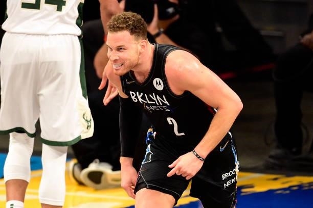 Blake Griffin of the Brooklyn Nets celebrates a basket against the Milwaukee Bucks in Game Two of the Second Round of the 2021 NBA Playoffs at...
