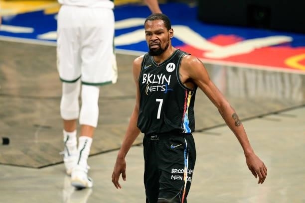 Kevin Durant of the Brooklyn Nets celebrates a basket against the Milwaukee Bucks in Game Two of the Second Round of the 2021 NBA Playoffs at...