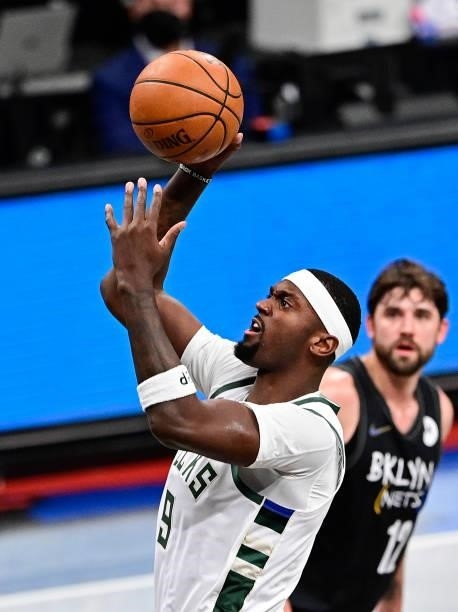 Bobby Portis of the Milwaukee Bucks attempts a shot against the Brooklyn Nets in Game Two of the Second Round of the 2021 NBA Playoffs at Barclays...