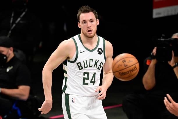 Pat Connaughton of the Milwaukee Bucks in action against the Brooklyn Nets in Game Two of the Second Round of the 2021 NBA Playoffs at Barclays...