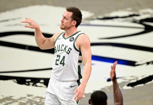 Pat Connaughton of the Milwaukee Bucks in action against the Brooklyn Nets in Game Two of the Second Round of the 2021 NBA Playoffs at Barclays...