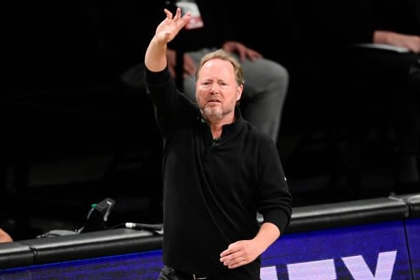 Head coach Mike Budenholzer of the Milwaukee Bucks instructs his team against the Brooklyn Nets in Game Two of the Second Round of the 2021 NBA...