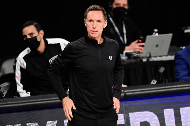 Head coach Steve Nash of the Brooklyn Nets reacts against the Milwaukee Bucks in Game Two of the Second Round of the 2021 NBA Playoffs at Barclays...