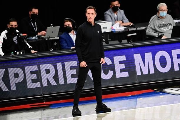 Head coach Steve Nash of the Brooklyn Nets reacts against the Milwaukee Bucks in Game Two of the Second Round of the 2021 NBA Playoffs at Barclays...
