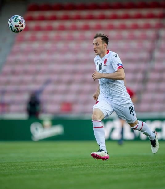 Ardian Ismajli of Albania in action during the international friendly match between the Czech Republic and Albania at Generali Arena on June 08, 2021...