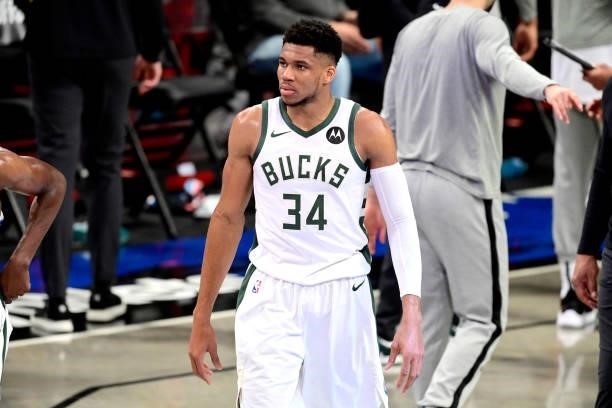 Giannis Antetokounmpo of the Milwaukee Bucks reacts against the Brooklyn Nets in Game Two of the Second Round of the 2021 NBA Playoffs at Barclays...