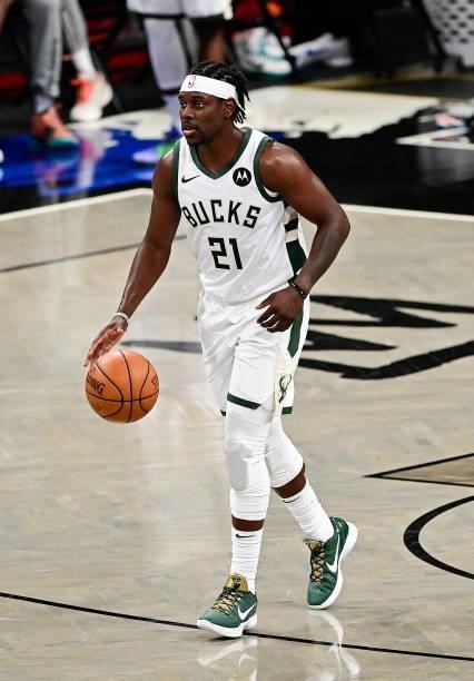 Jrue Holiday of the Milwaukee Bucks handles the ball against the Brooklyn Nets in Game Two of the Second Round of the 2021 NBA Playoffs at Barclays...