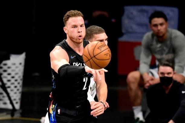 Blake Griffin of the Brooklyn Nets passes the ball against the Milwaukee Bucks in Game Two of the Second Round of the 2021 NBA Playoffs at Barclays...
