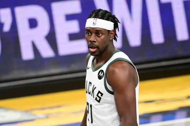 Jrue Holiday of the Milwaukee Bucks looks on against the Brooklyn Nets in Game Two of the Second Round of the 2021 NBA Playoffs at Barclays Center on...