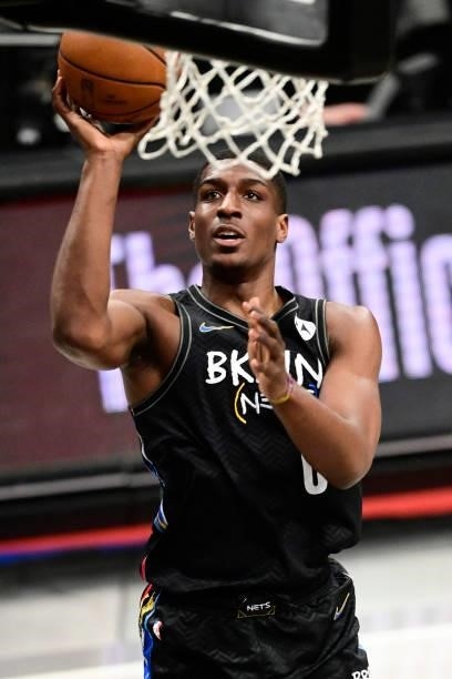 Reggie Perry of the Brooklyn Nets attempts a shot against the Milwaukee Bucks in Game Two of the Second Round of the 2021 NBA Playoffs at Barclays...