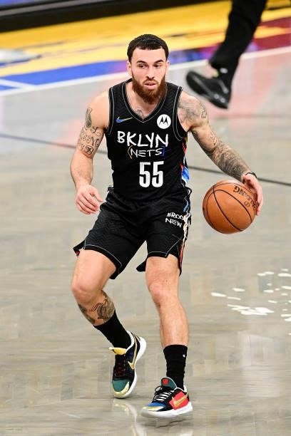 Mike James of the Brooklyn Nets handles the ball against the Milwaukee Bucks in Game Two of the Second Round of the 2021 NBA Playoffs at Barclays...