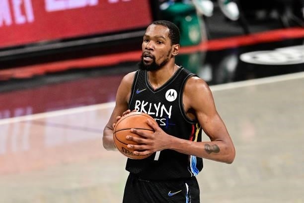 Kevin Durant of the Brooklyn Nets handles the ball against the Milwaukee Bucks in Game Two of the Second Round of the 2021 NBA Playoffs at Barclays...