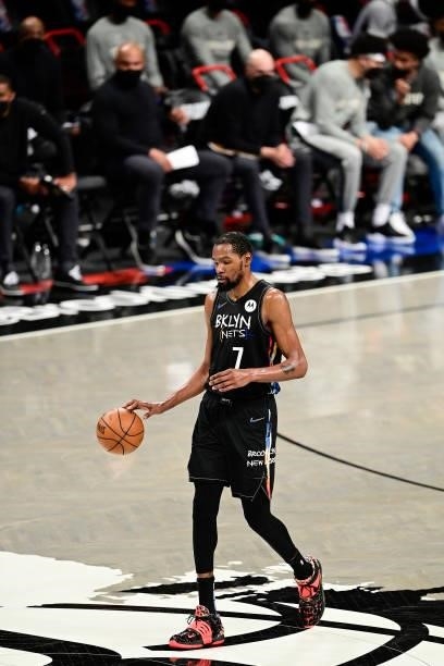 Kevin Durant of the Brooklyn Nets handles the ball against the Milwaukee Bucks in Game Two of the Second Round of the 2021 NBA Playoffs at Barclays...