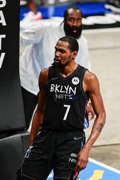Kevin Durant of the Brooklyn Nets celebrates after scoring on a reverse-layup against the Milwaukee Bucks in Game Two of the Second Round of the 2021...