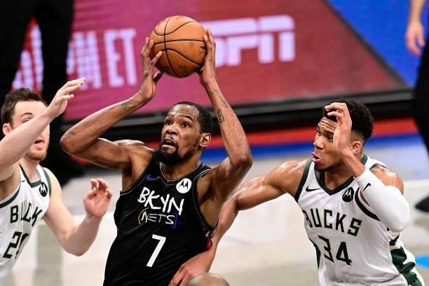 Kevin Durant of the Brooklyn Nets drives to the basket against the Milwaukee Bucks in Game Two of the Second Round of the 2021 NBA Playoffs at...