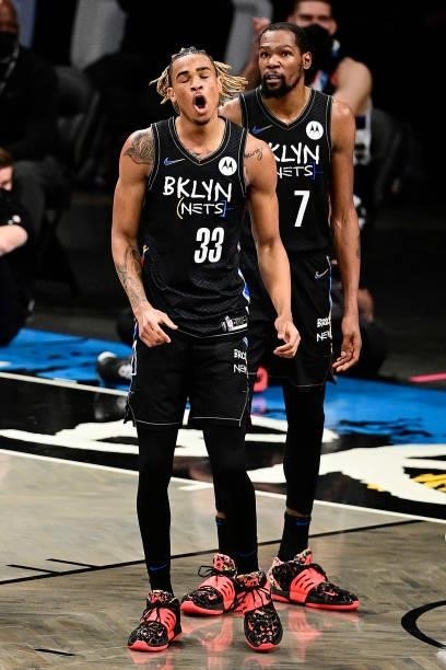 Nicolas Claxton of the Brooklyn Nets reacts after being called for a foul against the Milwaukee Bucks in Game Two of the Second Round of the 2021 NBA...