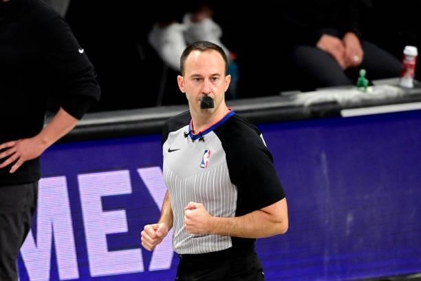 Referee Kane Fitzgerald officiates in Game Two of the Second Round of the 2021 NBA Playoffs between the Brooklyn Nets and the Milwaukee Bucks at...
