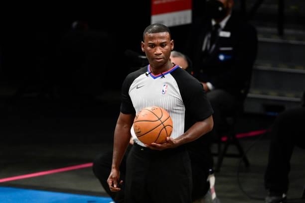 Referee James Williams officiates in Game Two of the Second Round of the 2021 NBA Playoffs between the Brooklyn Nets and the Milwaukee Bucks at...