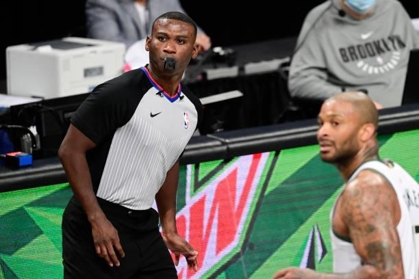 Referee James Williams officiates in Game Two of the Second Round of the 2021 NBA Playoffs between the Brooklyn Nets and the Milwaukee Bucks at...