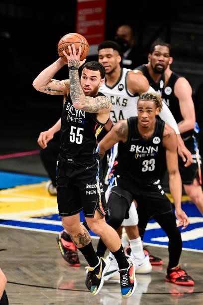Mike James of the Brooklyn Nets grabs the ball against the Milwaukee Bucks in Game Two of the Second Round of the 2021 NBA Playoffs at Barclays...