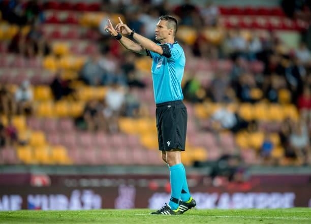 Referee Peter Kralovic gestures during the international friendly match between the Czech Republic and Albania at Generali Arena on June 08, 2021 in...