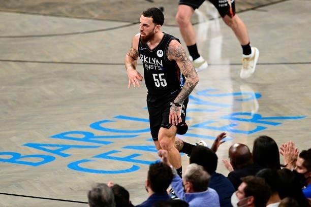 Mike James of the Brooklyn Nets celebrates a basket against the Milwaukee Bucks in Game Two of the Second Round of the 2021 NBA Playoffs at Barclays...