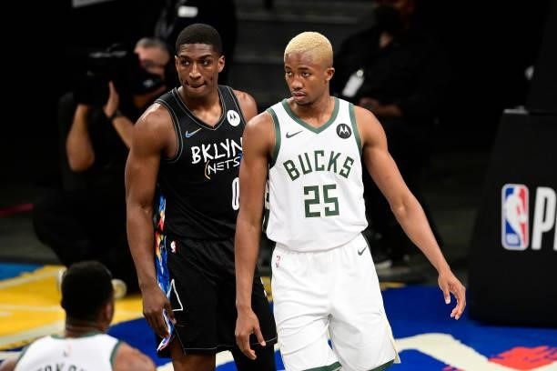 Khris Middleton of the Milwaukee Bucks looks on against the Brooklyn Nets in Game Two of the Second Round of the 2021 NBA Playoffs at Barclays Center...