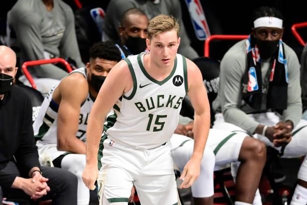 Sam Merrill of the Milwaukee Bucks looks on against the Brooklyn Nets in Game Two of the Second Round of the 2021 NBA Playoffs at Barclays Center on...