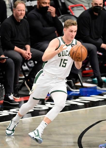 Sam Merrill of the Milwaukee Bucks handles the ball against the Brooklyn Nets in Game Two of the Second Round of the 2021 NBA Playoffs at Barclays...