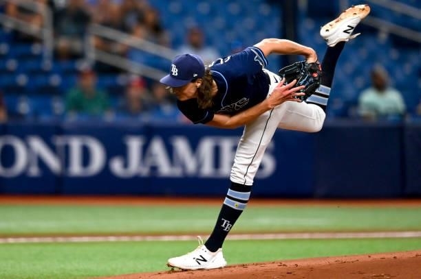 Tyler Glasnow of the Tampa Bay Rays throws a pitch during the first inning against the Washington Nationals at Tropicana Field on June 08, 2021 in St...