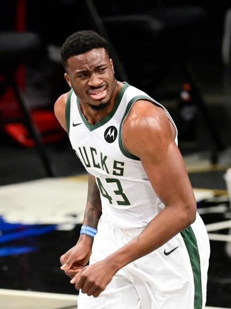 Thanasis Antetokounmpo of the Milwaukee Bucks reacts against the Brooklyn Nets in Game Two of the Second Round of the 2021 NBA Playoffs at Barclays...