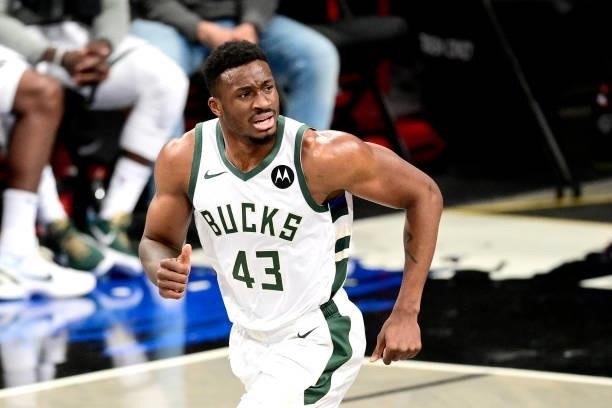 Thanasis Antetokounmpo of the Milwaukee Bucks reacts against the Brooklyn Nets in Game Two of the Second Round of the 2021 NBA Playoffs at Barclays...