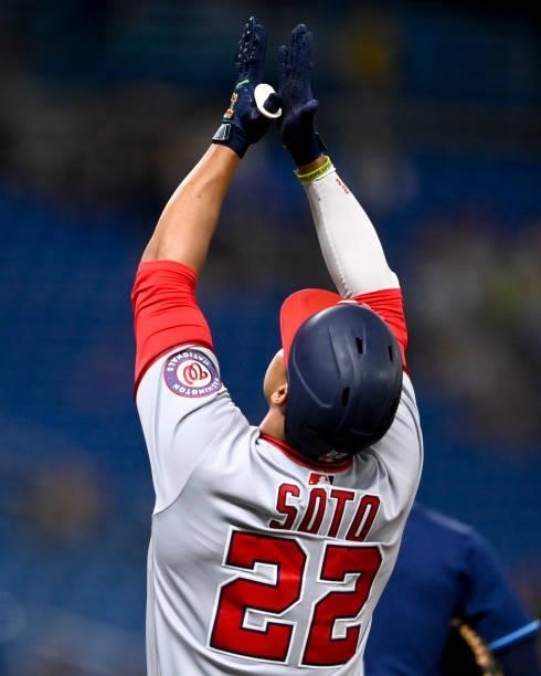 Juan Soto of the Washington Nationals reacts after hitting a single during the first inning against the Tampa Bay Rays at Tropicana Field on June 08,...