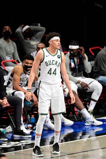 Justin Jackson of the Milwaukee Bucks looks on against the Brooklyn Nets in Game Two of the Second Round of the 2021 NBA Playoffs at Barclays Center...