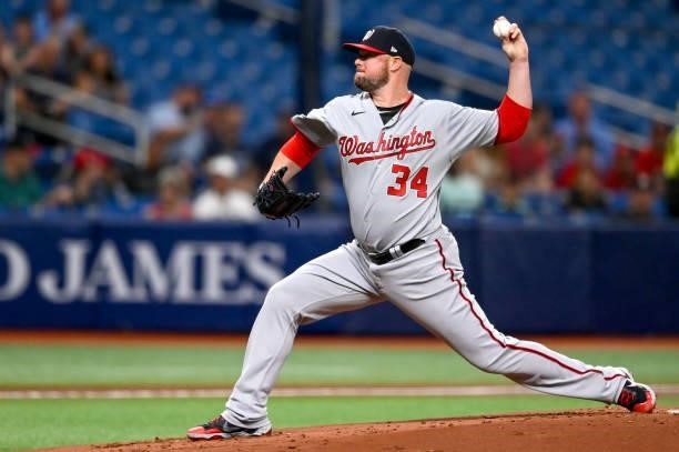 Jon Lester of the Washington Nationals throws a pitch during the first inning against the Tampa Bay Rays at Tropicana Field on June 08, 2021 in St...