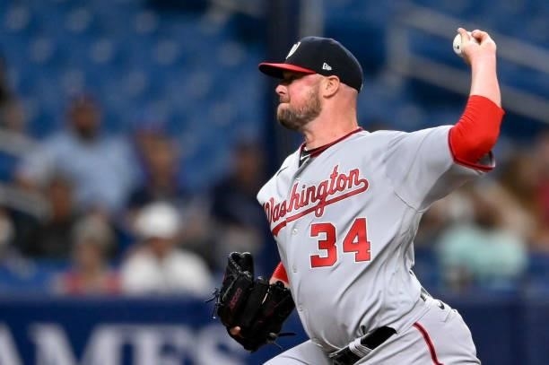 Jon Lester of the Washington Nationals throws a pitch during the first inning against the Tampa Bay Rays at Tropicana Field on June 08, 2021 in St...