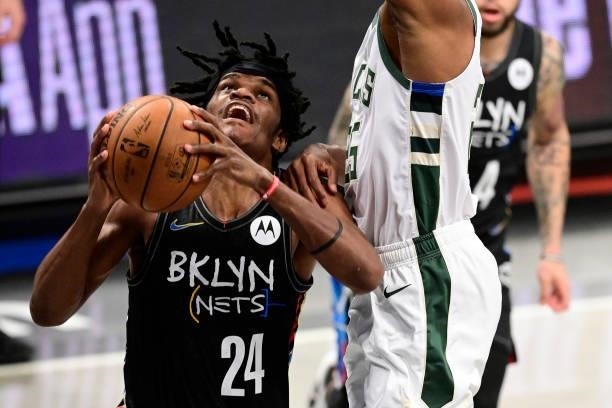 Alize Johnson of the Brooklyn Nets attempts a shot against the Milwaukee Bucks in Game Two of the Second Round of the 2021 NBA Playoffs at Barclays...