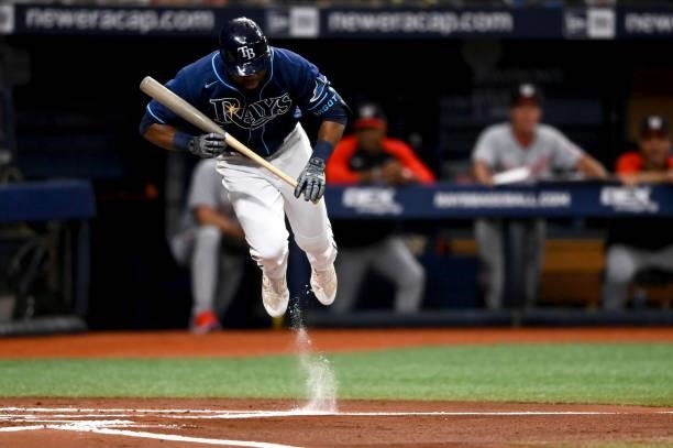 Manuel Margot of the Tampa Bay Rays avoids a pitch during the first inning against the Washington Nationals at Tropicana Field on June 08, 2021 in St...