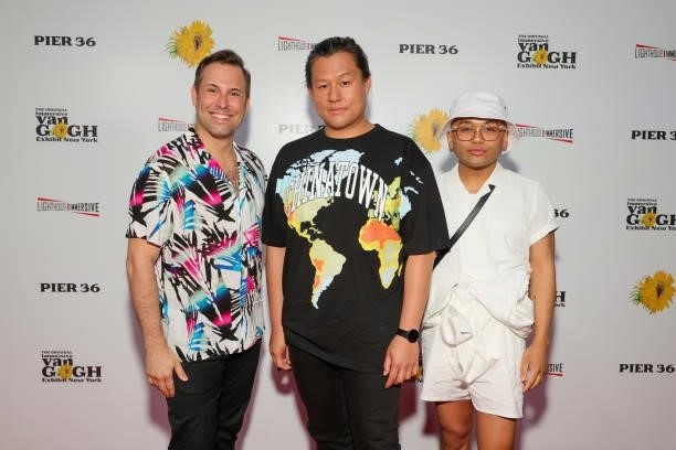 Anthony Fett, Kelvin Moon Loh and Jeigh Madjus attend the Immersive Van Gogh Opening Night at Pier 36 on June 08, 2021 in New York City.