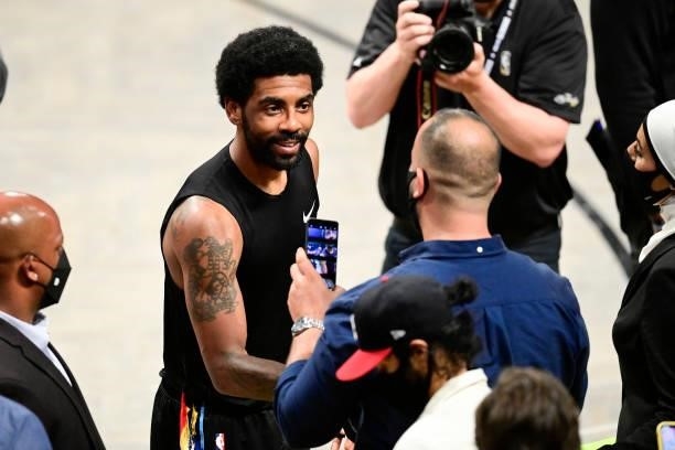 Kyrie Irving of the Brooklyn Nets following his teams win against the Milwaukee Bucks in Game Two of the Second Round of the 2021 NBA Playoffs at...