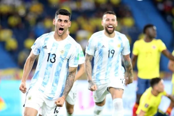 Cristian Romero of Argentina celebrates after scoring the first goal of his team during a match between Colombia and Argentina as part of South...