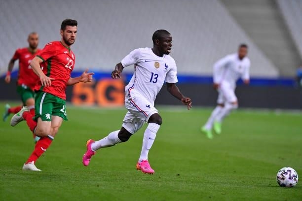 Ngolo Kante of France runs with the ball during the international friendly match between France and Bulgaria at Stade de France on June 08, 2021 in...