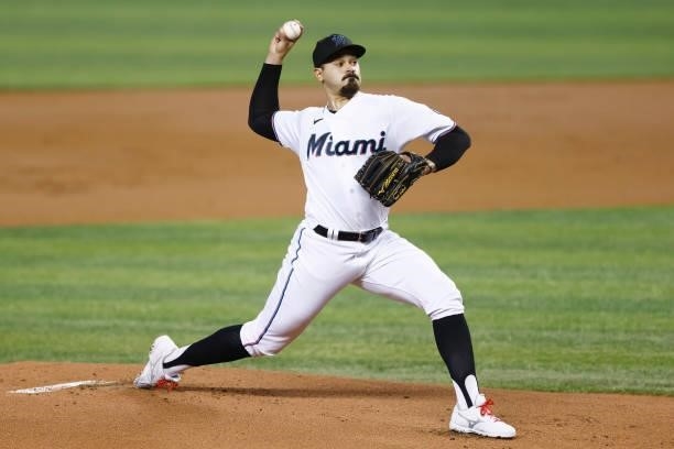 Pablo Lopez of the Miami Marlins delivers a pitch during the first inning against the Colorado Rockies at loanDepot park on June 08, 2021 in Miami,...