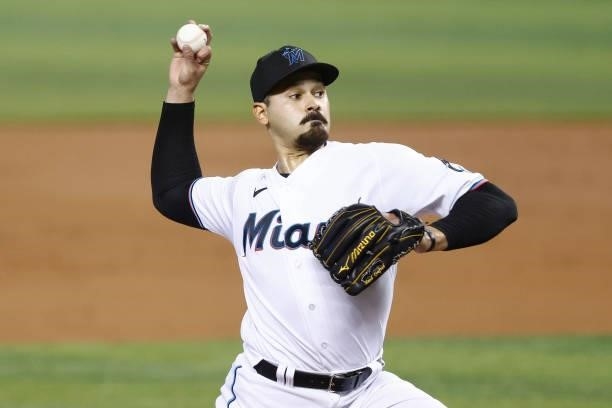 Pablo Lopez of the Miami Marlins delivers a pitch during the first inning against the Colorado Rockies at loanDepot park on June 08, 2021 in Miami,...