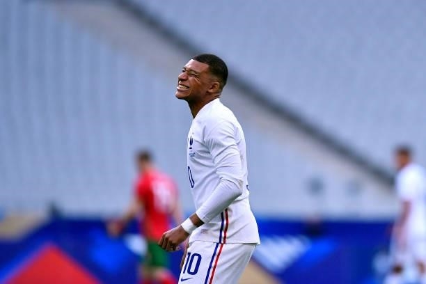 Kylian Mbappe of France reacts during the international friendly match between France and Bulgaria at Stade de France on June 08, 2021 in Paris,...