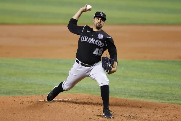 Antonio Senzatela of the Colorado Rockies delivers a pitch during the first inning against the Miami Marlins at loanDepot park on June 08, 2021 in...