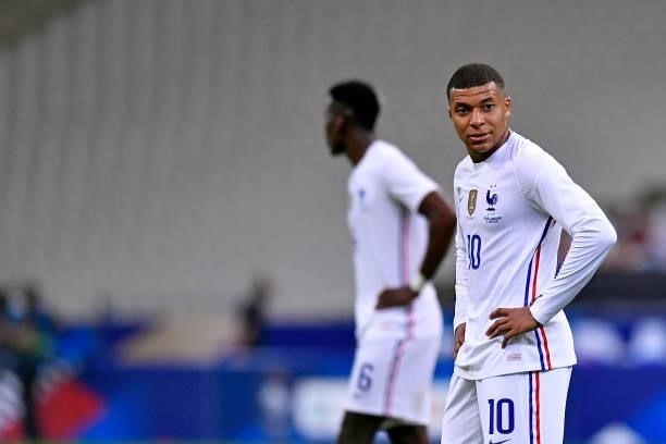 Kylian Mbappe of France looks on during the international friendly match between France and Bulgaria at Stade de France on June 08, 2021 in Paris,...